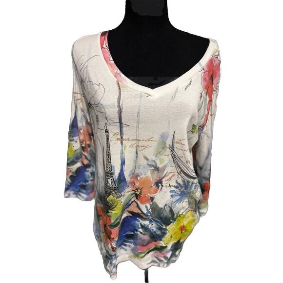 IMPULSE CA New Womens TRAVEL KNIT TUNIC 3/4 SLEEVE Bright Bold Floral Paris Sz M - Picture 1 of 6